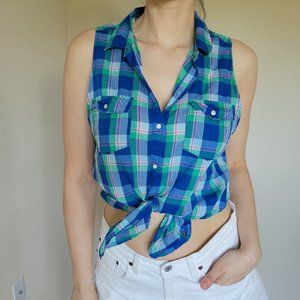 Green and Blue Cotton Sleeveless Button Down Shirt